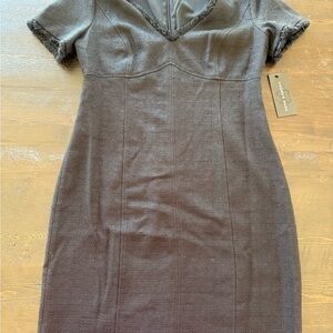 Andrew Marc Black textured v neck fringe trim black dress business casual